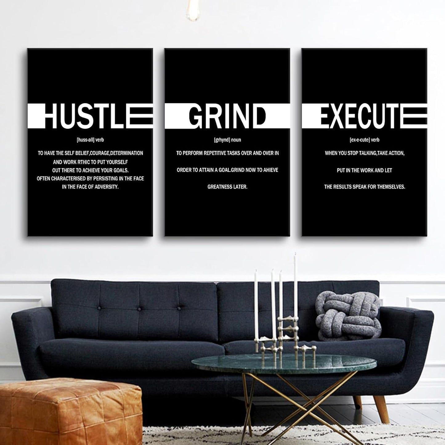 Inspirational Hustle Grind Execute Positive Wall Art Entrepreneur Quotes Print Picture Modern Wooden Canvas Framed Artwork for Home Living Room Office Artwork Stretched and Framed [72''Wx36''H]