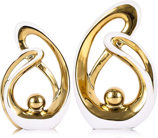 Home Decor Accent,Porcelain Art Mid Century Bookshelf Decorations,Gold Centerpieces for Tables,Abstract Ceramic Statue Sculpture for Coffee Table Mantel Tv Stand Centerpieces (White Gold, Small)