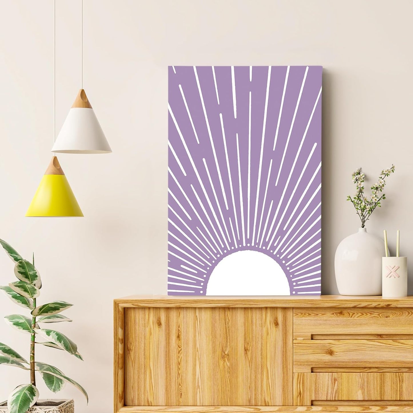 HIWX Vintage Abstract Boho Sun Framed Canvas Painting Wall Art Decor, Bohemia Boho Sunrise Sunshine Wall Art Artwork Home Decoration For Living Room Yoga Bedroom Bathroom 16x24 Inch（Purple）