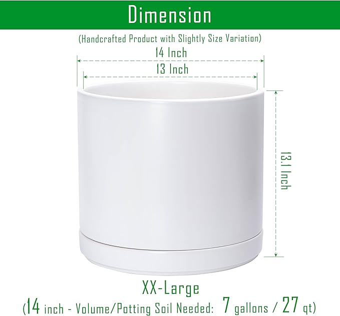 D'vine Dev 14 Inch Ceramic Planter Pot with Drainage Hole and Saucer, Indoor Cylinder Round Planter Pot, White, 94-O-G-1