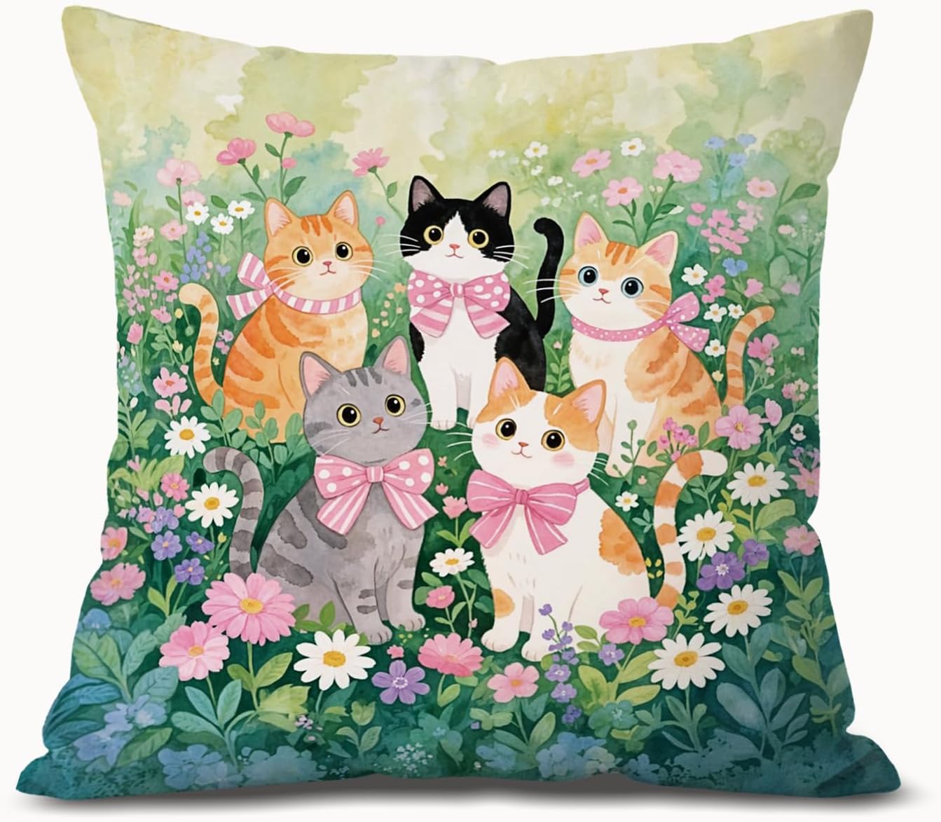 Coquette Pink Bow Cat Pillow Covers 18x18, Cat Room Decor, Cottagecore Wildflowers Cute Kitty Aesthetic Decorative Throw Pillow Covers Pillowcases for Bedroom Living Room Home Decor