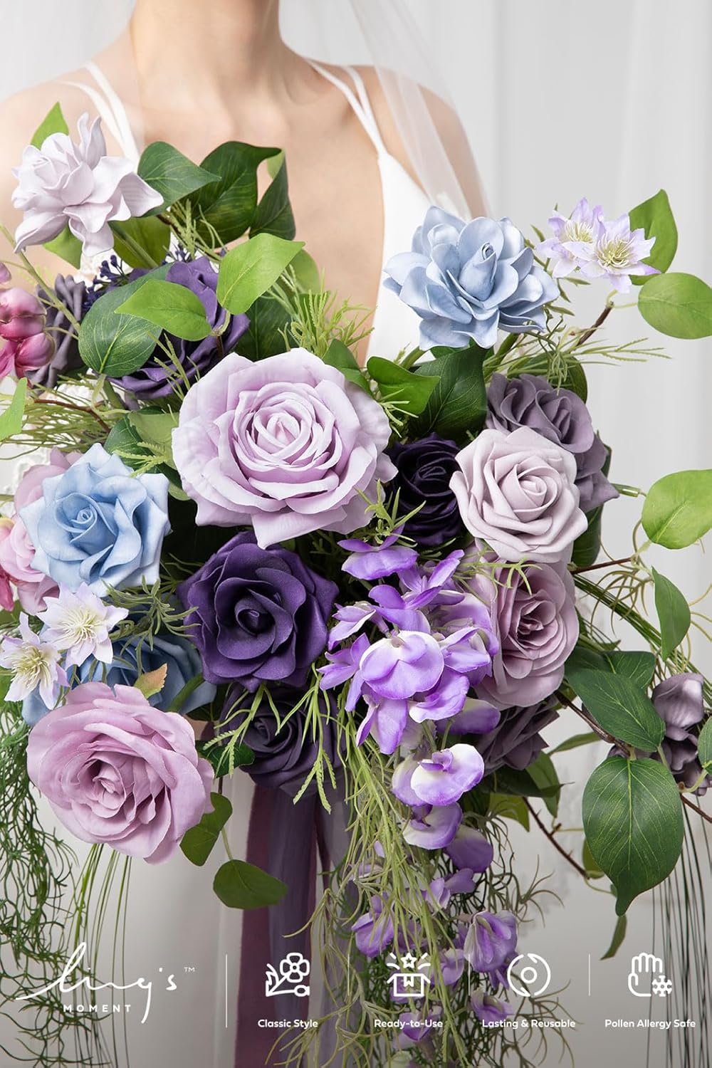 Ling's moment Purple Blue Wedding Bouquets for Bride, Lilac Bridal Bouquets for Bride, 13 Inch Free Form Artificial Wedding Flower Bouquet
