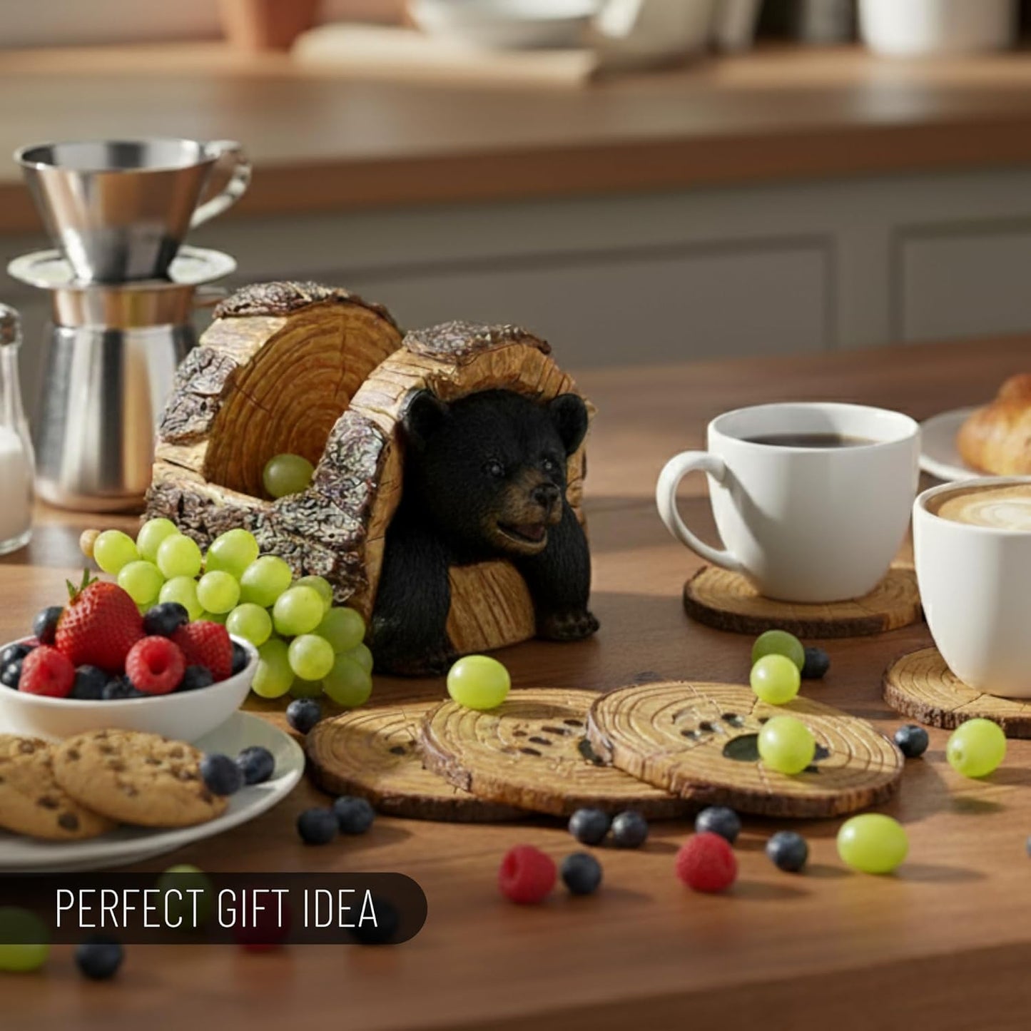 Black Bear Rustic Log Coaster Set - Drink Holders for Home Decor - Bear Print Cabin Coasters