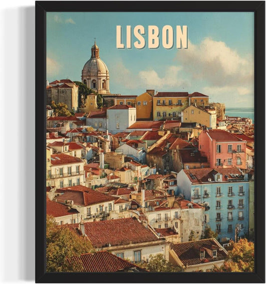 Lisbon, Portugal Art Print Poster, Europe Vintage City Retro Photography Skyline Travel Bedroom Bathroom Living Room Decor 183 (Lisbon, Portugal, 16 x 20 inches, Black Frame)