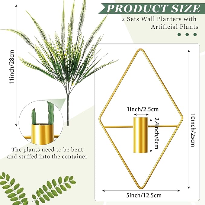 2 Pieces Gold Wall Decor Hanging Planters with Artificial Plants Metal Vase Indoor Plants Holder Modern Geometric Wall Art for Home Bathroom Bedroom Living Room Office(Boston Fern,Large)