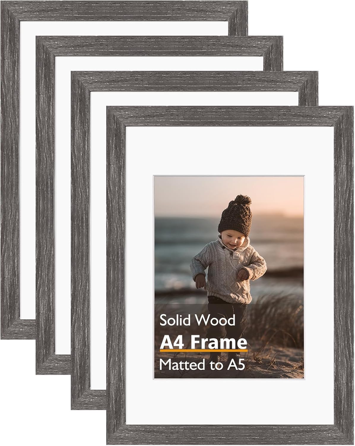 KINLINK A4 Picture Frame, Ash Black Solid Wood Frames with Acrylic Plexiglass for Pictures A5 with Mat or A4 without Mat, Tabletop and Wall Display Photo Frame 4 Pack