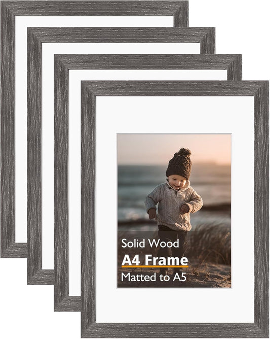 KINLINK A4 Picture Frame, Ash Black Solid Wood Frames with Acrylic Plexiglass for Pictures A5 with Mat or A4 without Mat, Tabletop and Wall Display Photo Frame 4 Pack