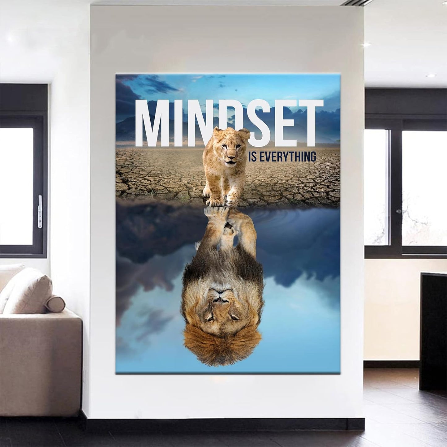 Inspirational Wall Art Lion Canvas Mindset is Everything Decor Animal Paintings Motivational Poster Framed Prints Decoration Use for Office Living Room Bathroom Guest Room Wall Artwork [30''Wx 40''H]