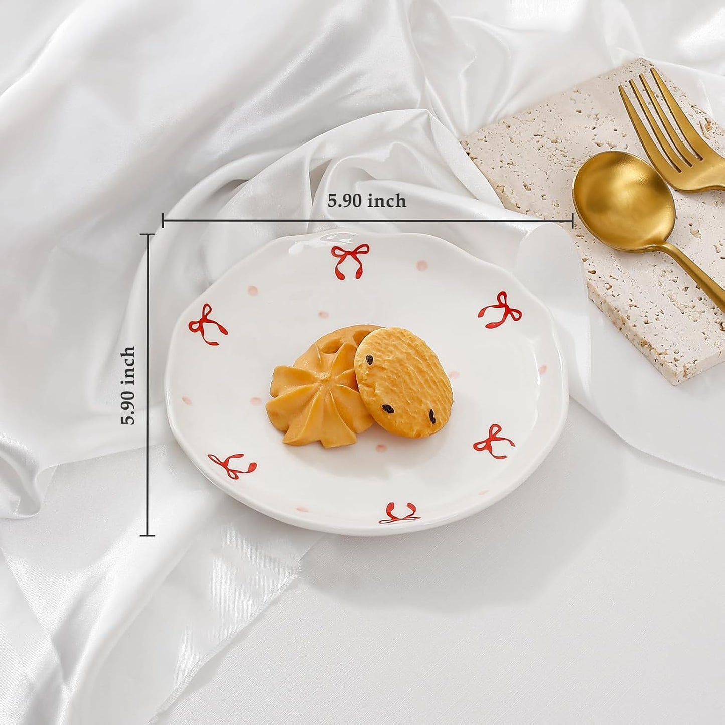 Koythin Ceramic Dessert Plates, Cute Fruits Dinner Plate, Printed Flowers Dinnerware for Office and Home, Kitchen Plates for Desserts (Double Line Bow)