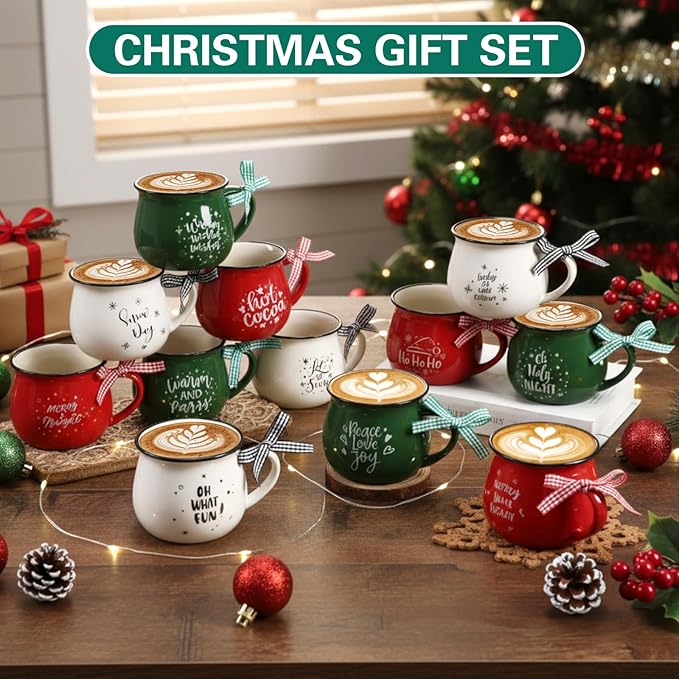 Zubebe Christmas Coffee Mugs Set of 12, 12 oz Hot Cocoa Ceramic Holiday Mugs Set for Mom, Woman, Family, Friend - Farmhouse Tiered Tray Decor, Coffee Bar Decor(Dark Green, Red, White,Classic)