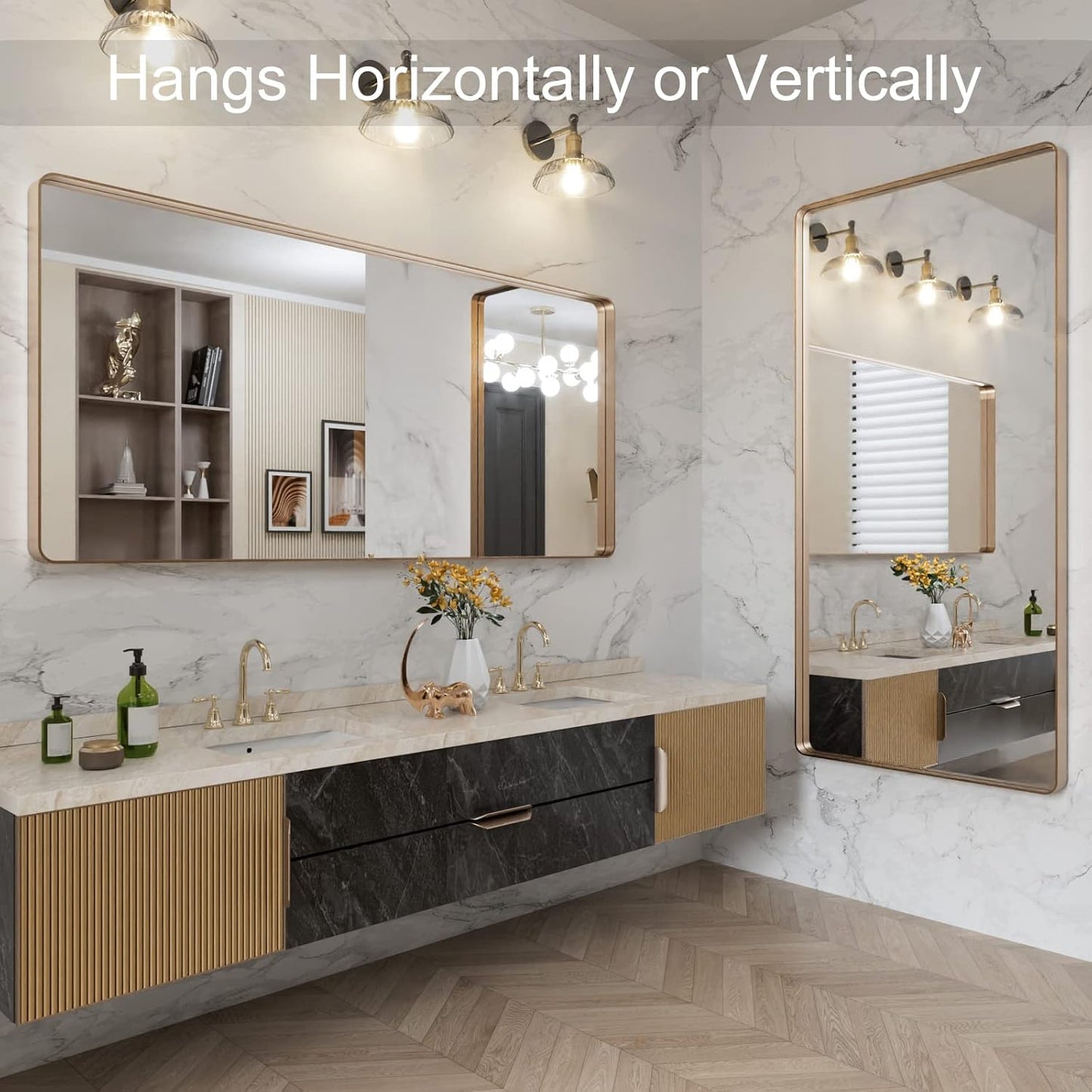 LOAAO 60”X28” Gold Bathroom Mirror, Rounded Rectangle Gold Frame Mirror, Brushed Gold Bathroom Vanity Mirror Wall-Mounted, Anti-Rust, Tempered Glass, Hangs Horizontally or Vertically