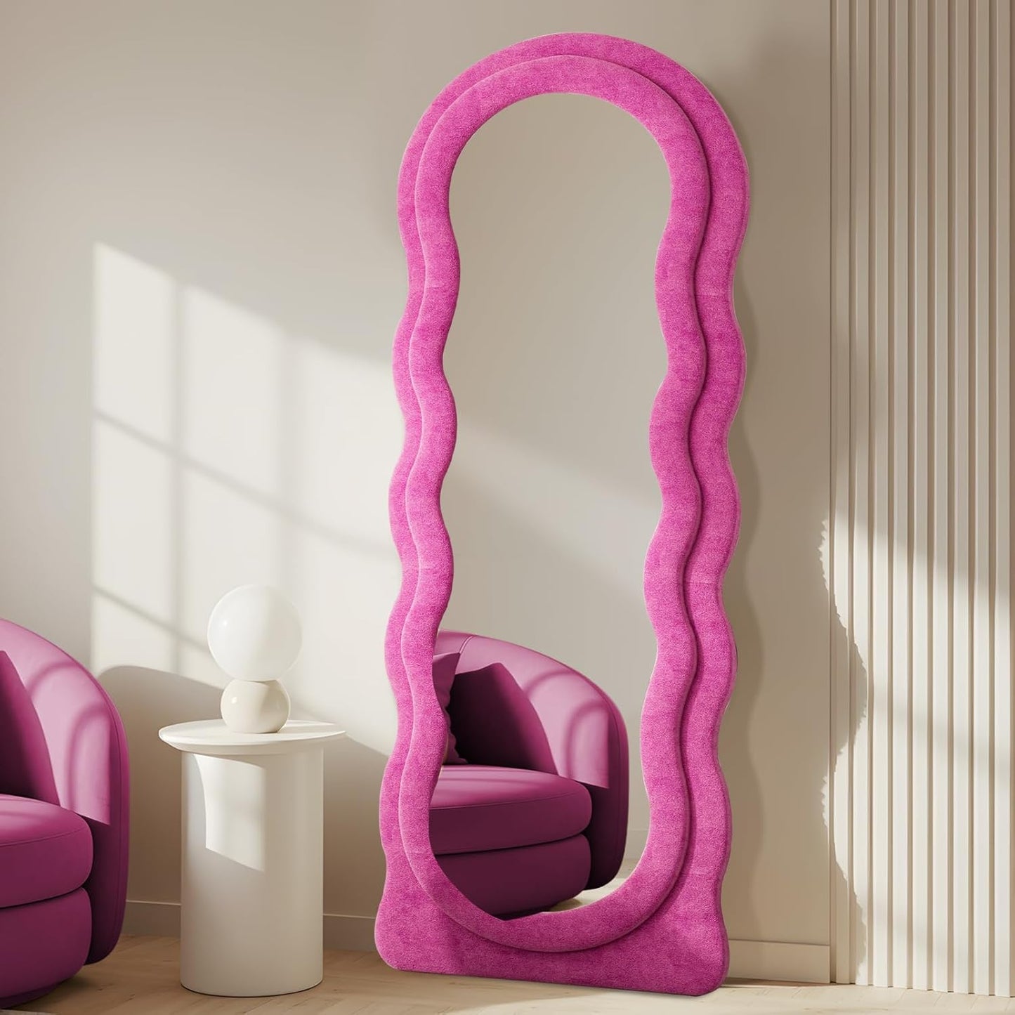 Full Length Mirror 63"x24" Arched Wavy Full Body Wall Mounted Floor Mirror with Stand Hot Pink Flannel Frame Leaning Hanging Wall Mirror for Bedroom Entrance