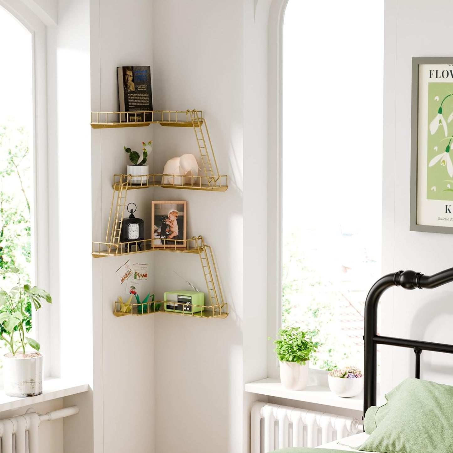 Fire Escape Wall Shelf - Modern City Style 4-Tier Corner Wall Shelves, Easy to Install Metal Ladder Shelf for Figures, New York Decorative Shelves for Bathroom, Living Room & Home Decor,Gold