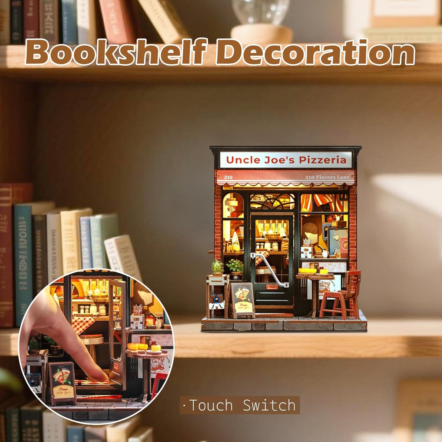 Fsolis Book Nook Kit - 3D Wood Puzzles for Adults, 285 pcs, DIY Bookshelf Scene Miniature Kit, Tiny House Mini Craft Model Gifts for Women (Uncle Joe's Pizzeria)