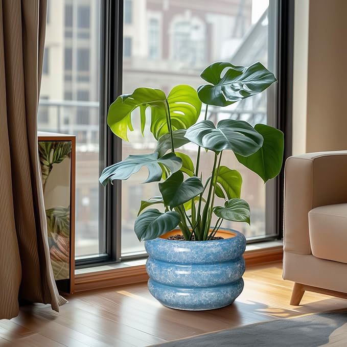 SQOWL 10 Inch Planter Pot - Ceramic Plant Pot with Drainage Hole Planter for Indoor Plants Large Flower Pot Decorative Plant Pot Outdoor Planter for Porch Decor Blue