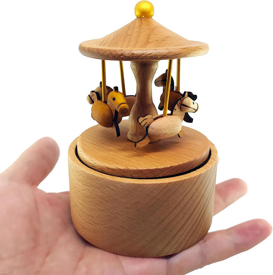 Mini Carousel Music Box, Palm Sized Carousel Music Box, Small Wooden Mechanical Music Box, for Friend Mother Grandmother