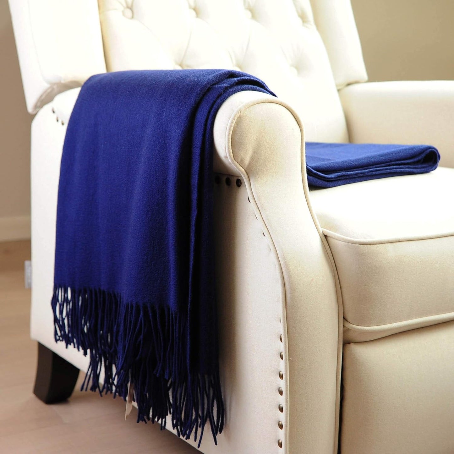 CUDDLE DREAMS Premium Cashmere Throw Blanket with Fringe, Luxuriously Soft (Navy)