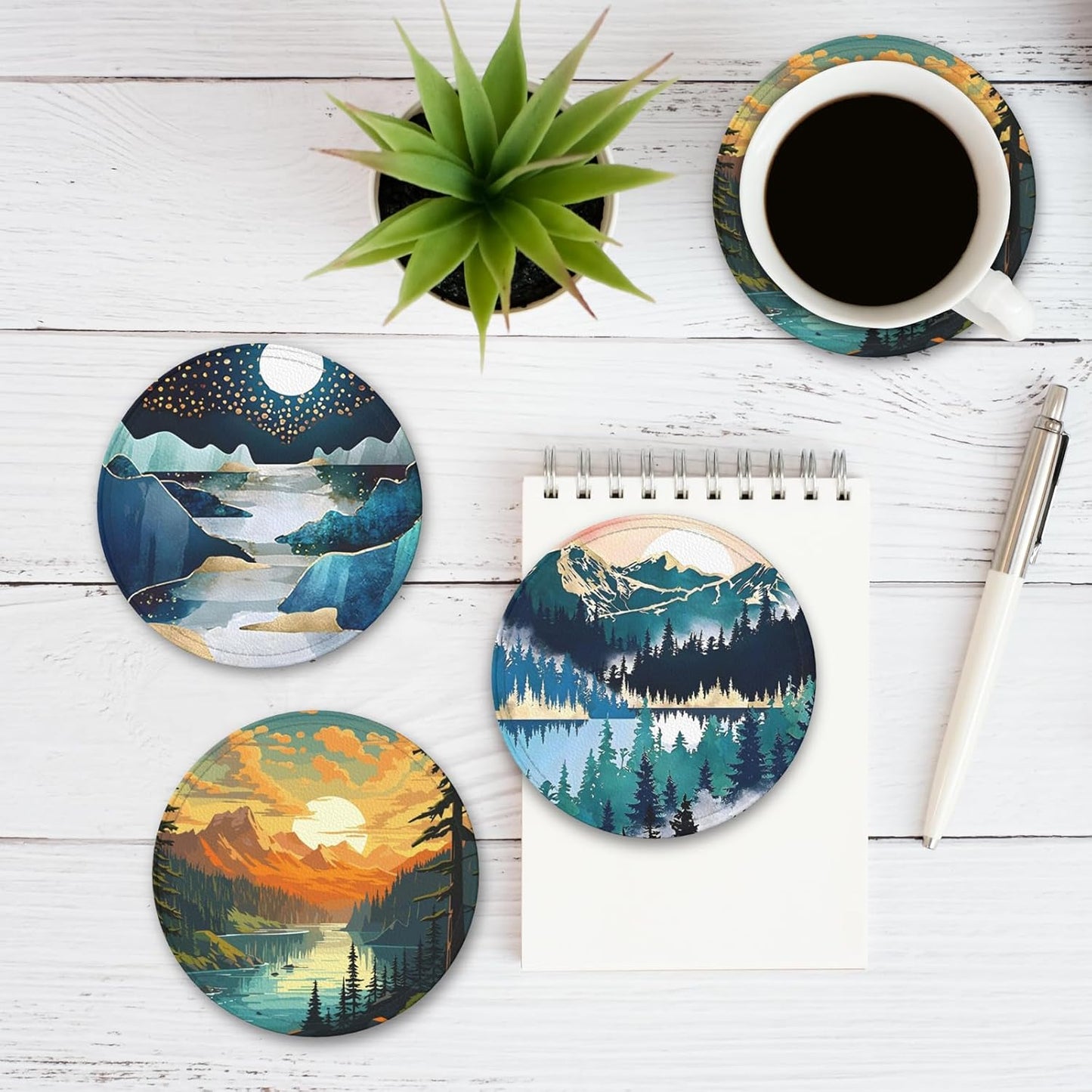 Landscape Mountain Leather Drinks Coasters with Holder, Set of 6, Suitable for Various Cups