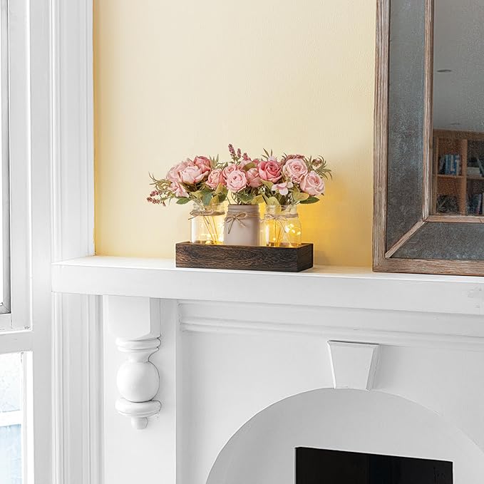 Mkono Mason Jar Lights Centerpiece Table Decorations For Dining Room Farmhouse Table Decor Tray With 3 Jars Flowers Arrangement Summer Decor For Kitchen Living Room Wedding, Pink