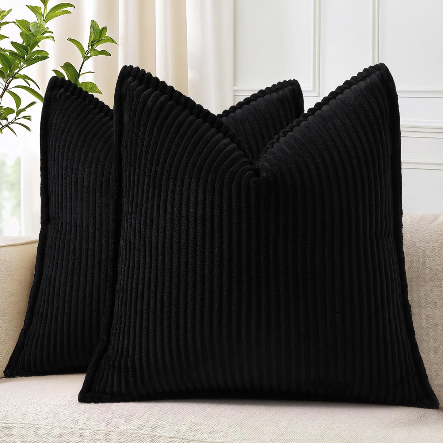 decorUhome Corduroy Black Throw Pillow Covers 18x18 Set of 2 Decorative Soft Boho Farmhouse Euro Couch Pillow Covers for Living Room Bed Sofa Broadside Striped Pillow Cases
