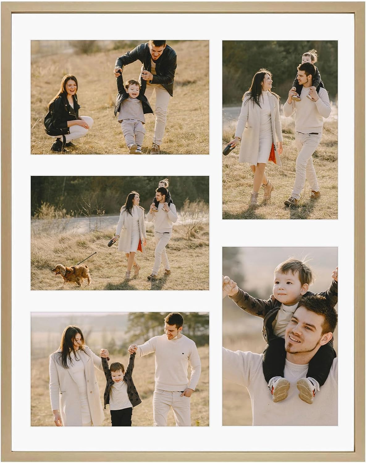 Frametory - 11x14 Aluminum Collage Picture Frame - Display 4x6 Pictures with 5 Openings Mat - Real Glass Front - Horizontal/Vertical Wall Mount - Gold 1 Pack