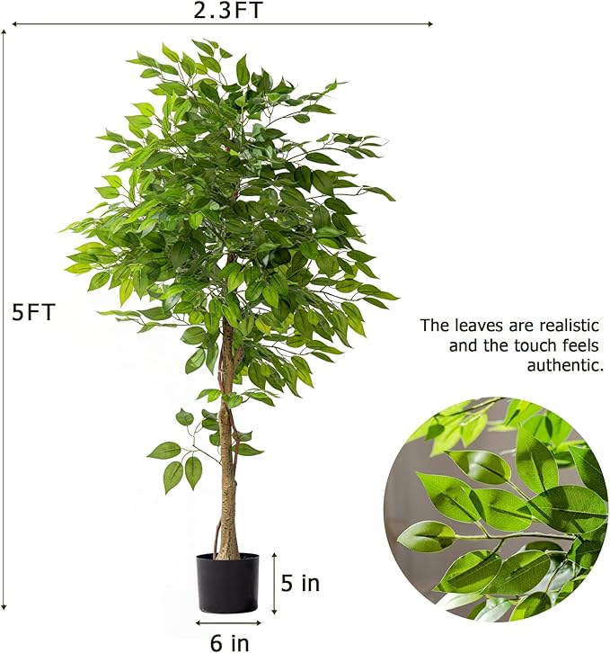 5ft Artificial Ficus Tree for Home Decor, Faux Silk Plants Faux Plant Fake Silk Trees with Pot for Indoor House Living Room Office Garden
