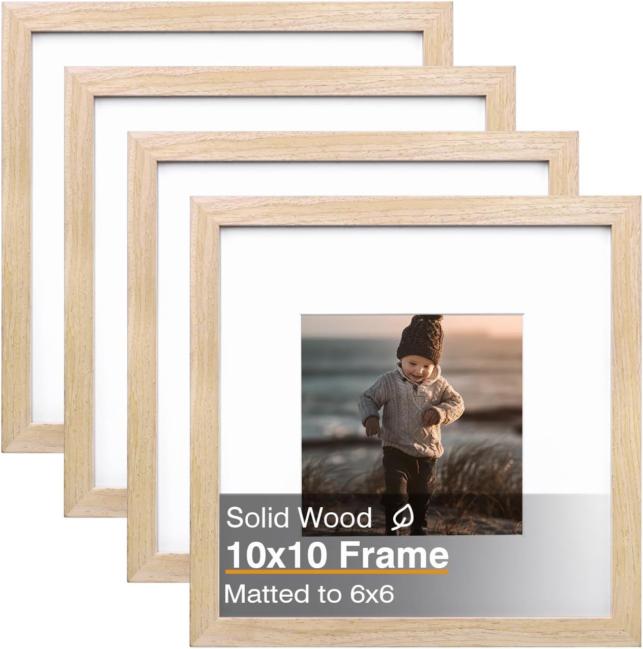 KINLINK 10x10 Picture Frames, Square Natural Wood Frames with Acrylic Plexiglass for Pictures 6x6 With Mat, Tabletop and Wall Mounting Display, Set of 4
