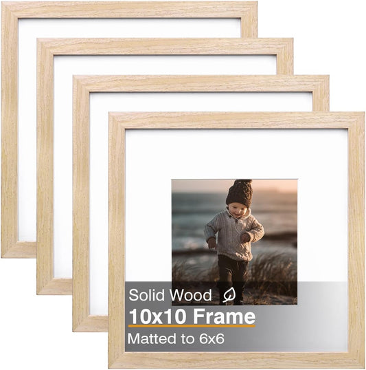 KINLINK 10x10 Picture Frames, Square Natural Wood Frames with Acrylic Plexiglass for Pictures 6x6 With Mat, Tabletop and Wall Mounting Display, Set of 4