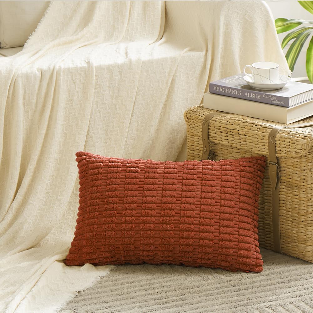 Fancy Homi 4 Packs Boho Burnt Orange Fall Decorative Throw Pillow Covers 14x24 Inch for Couch Bed Sofa, Rustic Modern Farmhouse Home Decor, Soft Plush Corduroy Cute Square Cushion Case 35x60 cm