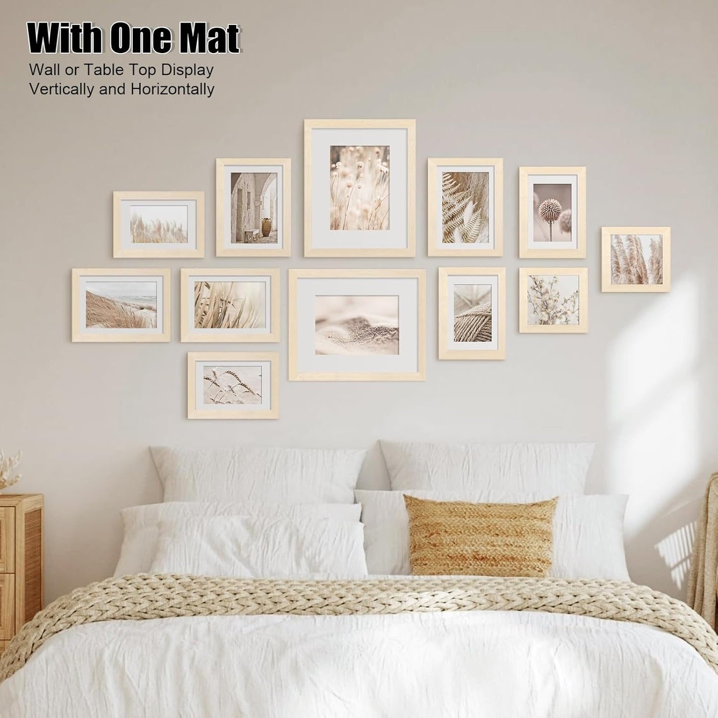 Egofine Picture Frame Set 12 Pack, Picture Frames Collage Wall Decor with Two 8x10, Four 5x7, Four 4x6, Two 4x4 for Wall and Tabletop, Made of Solid Wood, Covered by Plexiglass, Natural Wood