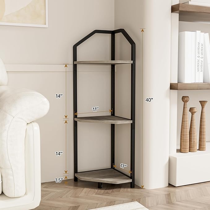 Fun Memories 3 Tier Corner Shelf, 40” Corner Shelf Stand, Corner Bookshelf Plant Stand, Storage Shelf for Bathroom, Living Room, Kitchen,Grey Home Office, Grey