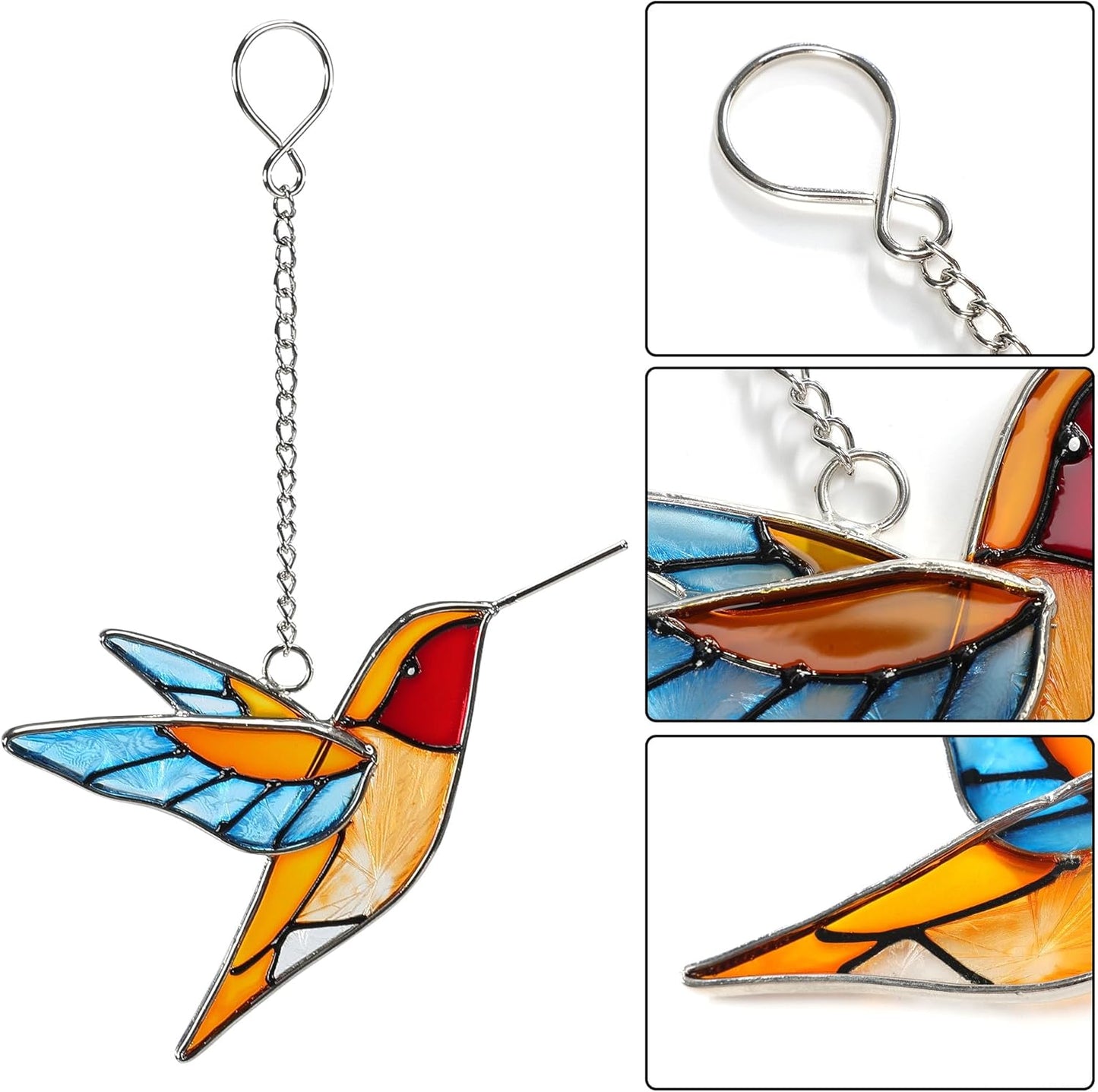 Handmade Stained Glass Hummingbird Hanging Ornament - Colorful 4.3x4.9 Inch Window/Garden Decor for Mom, Grandma, Mother's Day - Patio, Home, Wedding Decorations (Blue Wings)