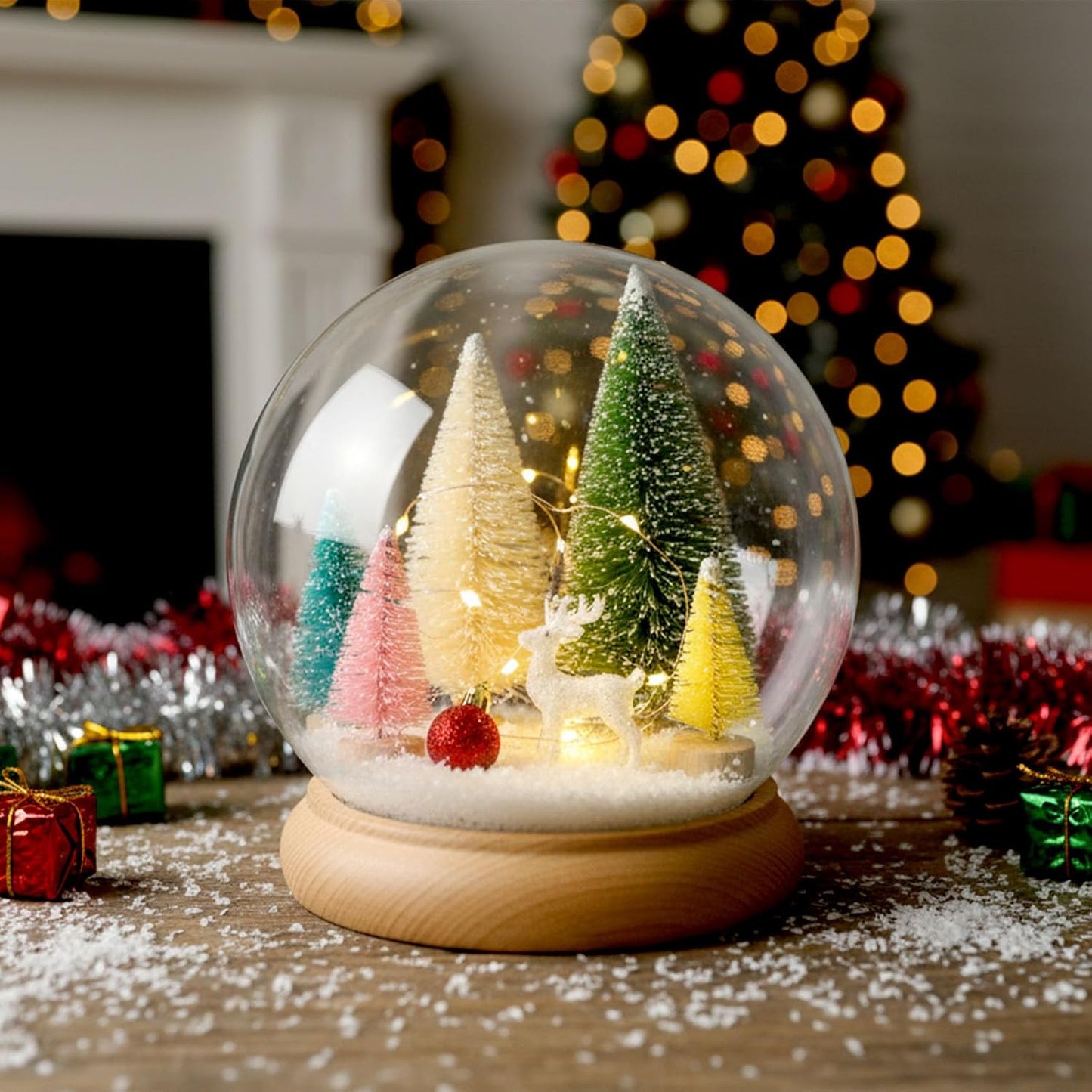 LOVEINUSA 40PCS Colorful Mini Christmas Trees, Snow Frosted Sisal Trees Colored Bottle Brush Xmas Trees with Wooden Base for Xmas Winter Home Table Decoration