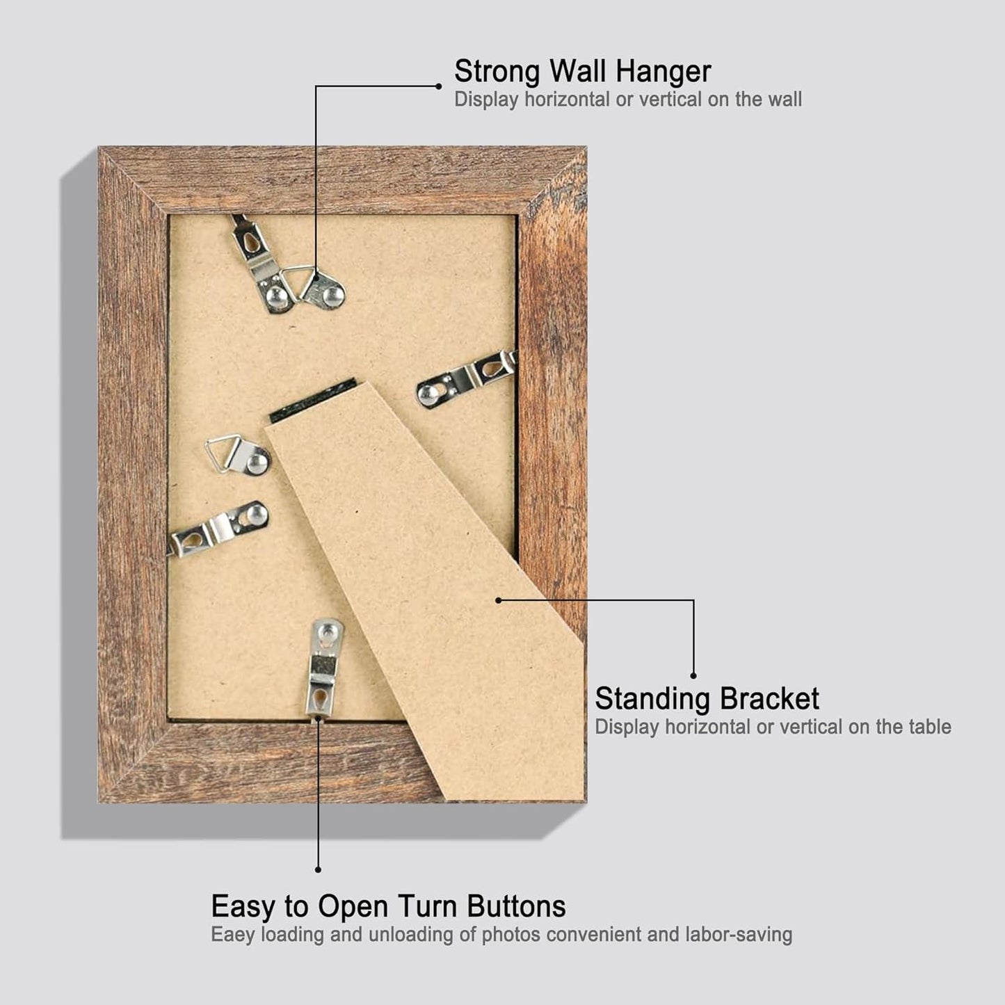 iRahmen 5x7 Picture Frame Set of 4, High Definition Real Glass Rustic Brown Frame, 5 x 7 Wood Photo Frames for Tabletop Display and Wall Mounting