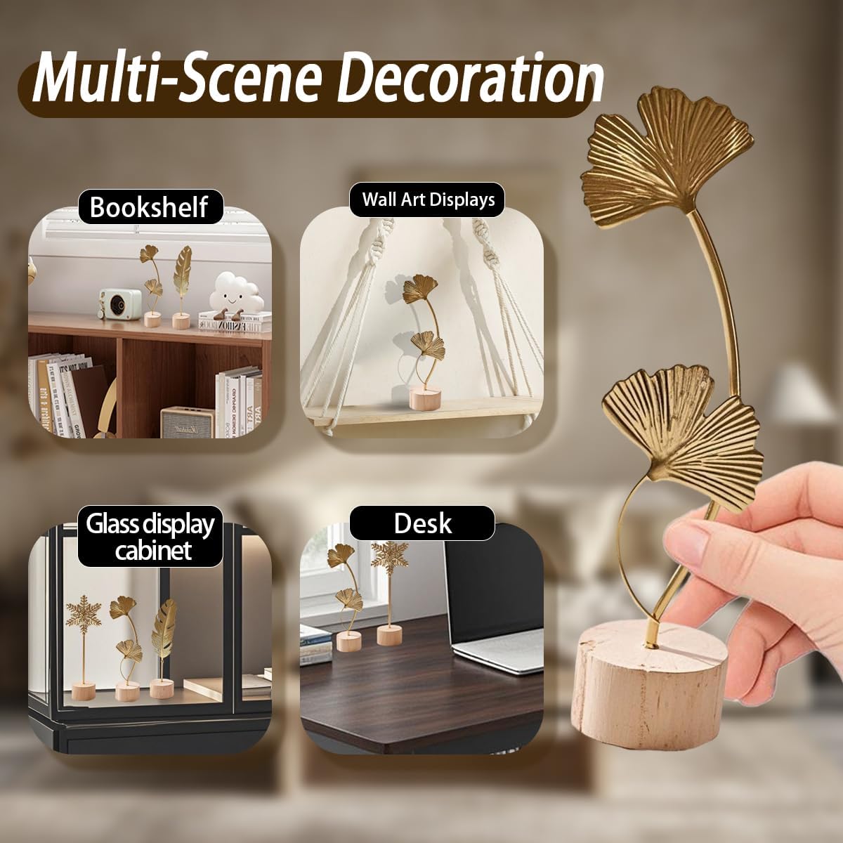 Gold Leaf Home Decor Set - Metal Leaves Statues, Modern Artistic Sculptures for Living Room, Office, Shelf & Home Decorative, Handmade 3D Botanical Accents (Monstera, Feather, Ginkgo, 3PCS)