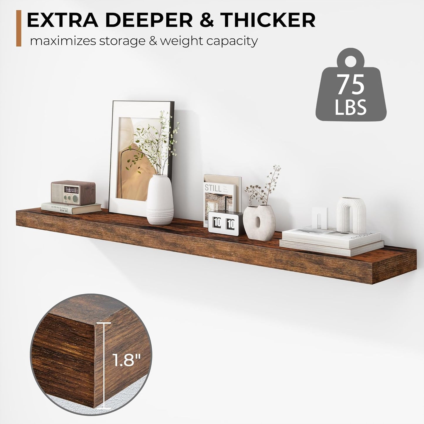 Fun Memories 48 Inch Floating Shelves - Fireplace Mantel Shelf - Deep Wall Mounted Wood Storage Shelf for Bedroom, Kitchen, Farmhouse - 1 Pack, Rustic Brown