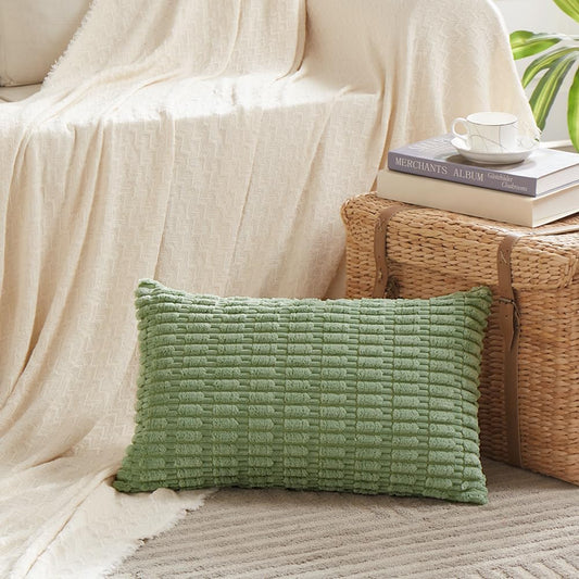 Fancy Homi Sage Green Lumbar Decorative Throw Pillow Covers 14x24 Inch for Living Room Couch Bed Sofa, Rustic Farmhouse Boho Home Decor, Soft Striped Corduroy Rectangle Cushion Case 35x60 cm