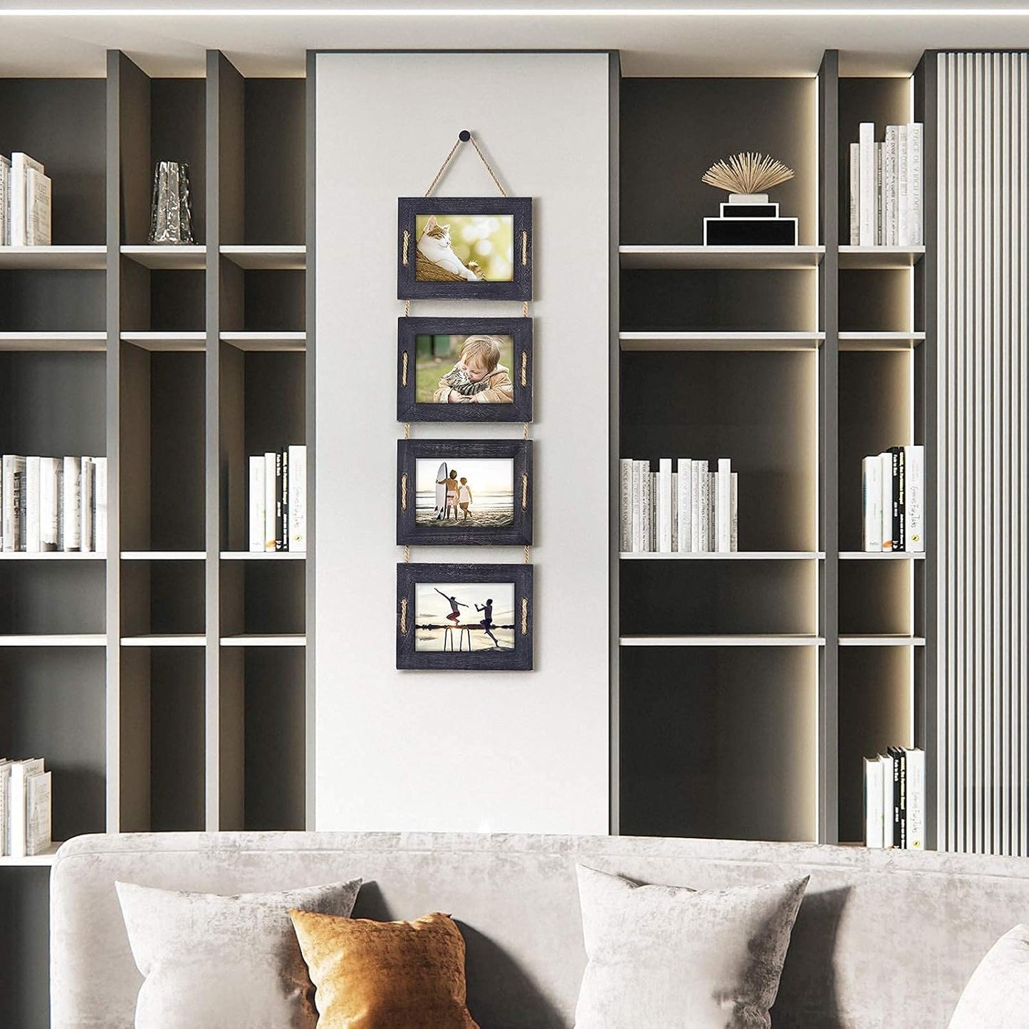 DLQuarts 5x7 Hanging Picture Frames Collage Wall Decor, 4-Opening, 3.5x5 With Mat or 5x7 Without Mat, Rustic Solid Wood Multi Picture Frames for Family, 1 Pack, Weathered Black