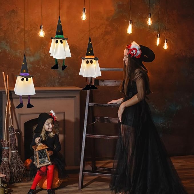 3 Pack Halloween Hanging Ghost Lights with Glitter Hats, Battery Powered Halloween Decorations Outdoor Indoor, LED Floating Ghost Decor for Porch, Tree, Yard & Window, Indoor Outdoor Decoration