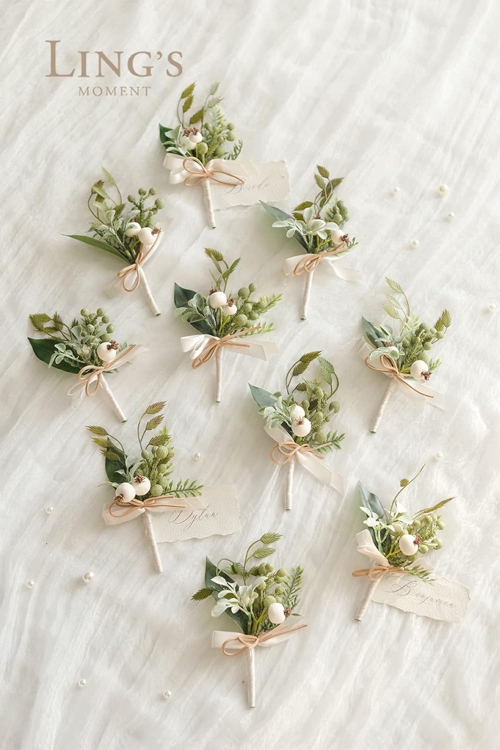 Ling's Moment Boutonniere for Men, 10pcs Groomsmen Guest Boutonniere, Artificial Flowers for Wedding Décor/Prom/Homecoming,etc.White Greenery Berry