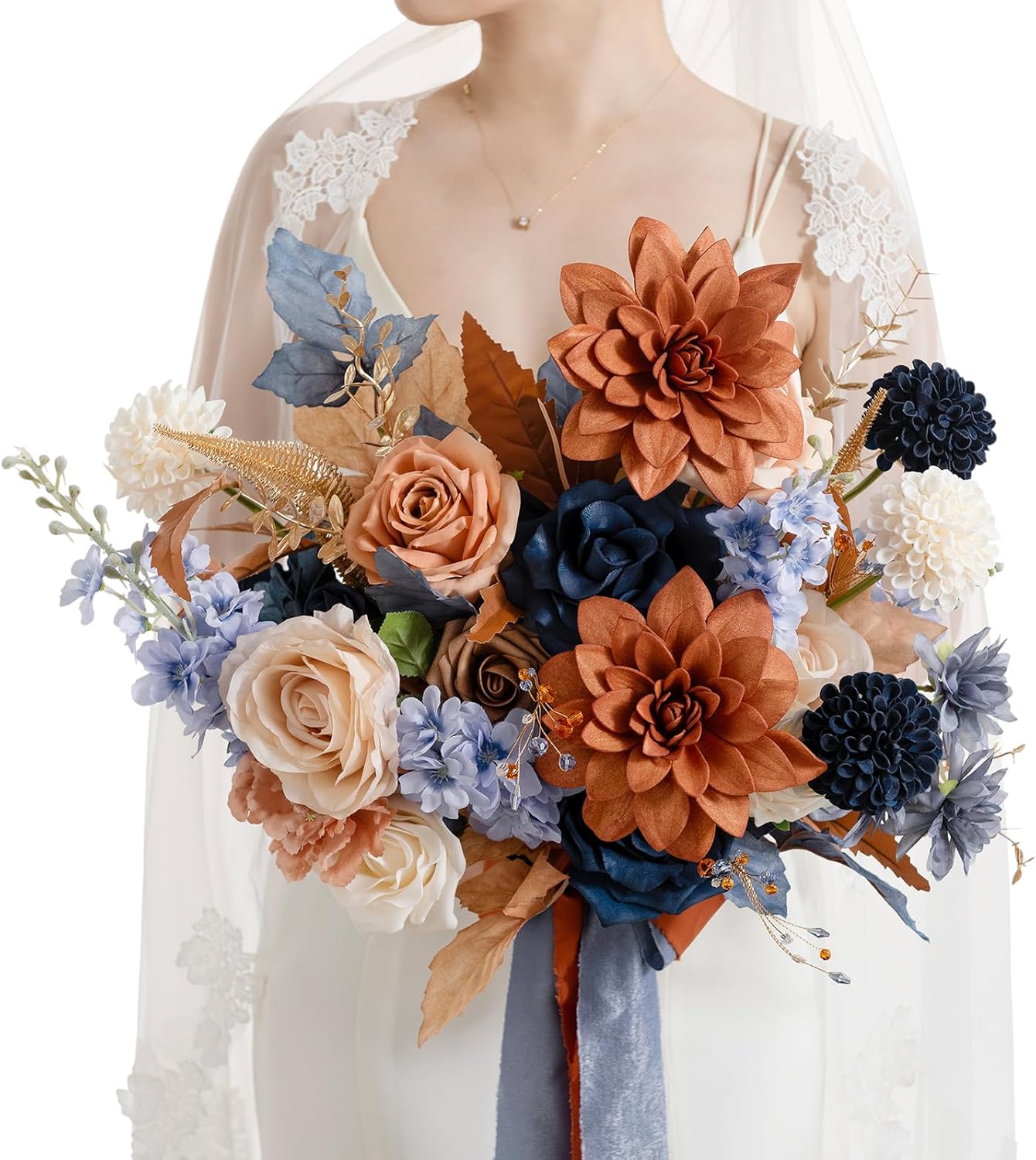 Ling's moment Blue and Orange Wedding Bouquets for Bride, Navy Orange Bridal Bouquets for Bride, 15 Inch Free Form Artificial Wedding Flowers Bouquets