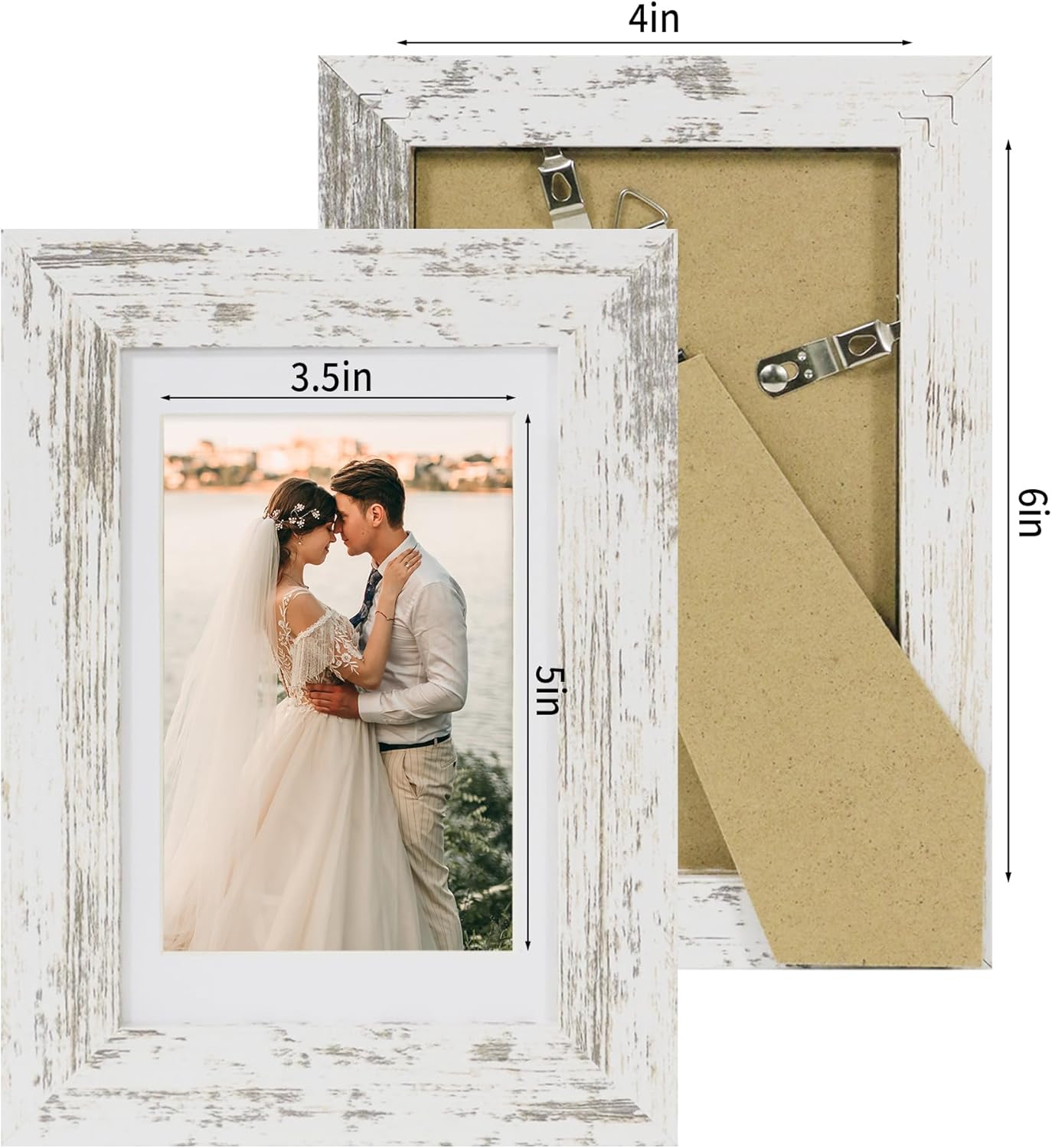 iRahmen 4x6 Picture Frame Set of 2 with HD Glass, Distressed White Wood Photo Frames Display 3.5x5 Picture with Mat or 4 x 6 Without Mat for Horizontal or Vertical Tabletop and Wall Mounting