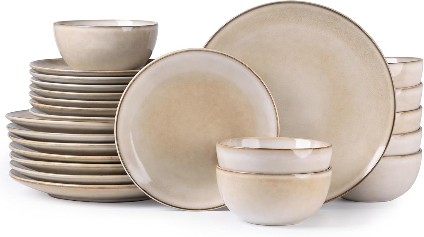 GBHOME Ceramic Dinnerware Sets for 8, 24 Pieces Stoneware Plates and Bowls Sets, Reactive Glaze Dishes -Scratch Resistant, Dishwasher&Microwave Safe-Cappuccino