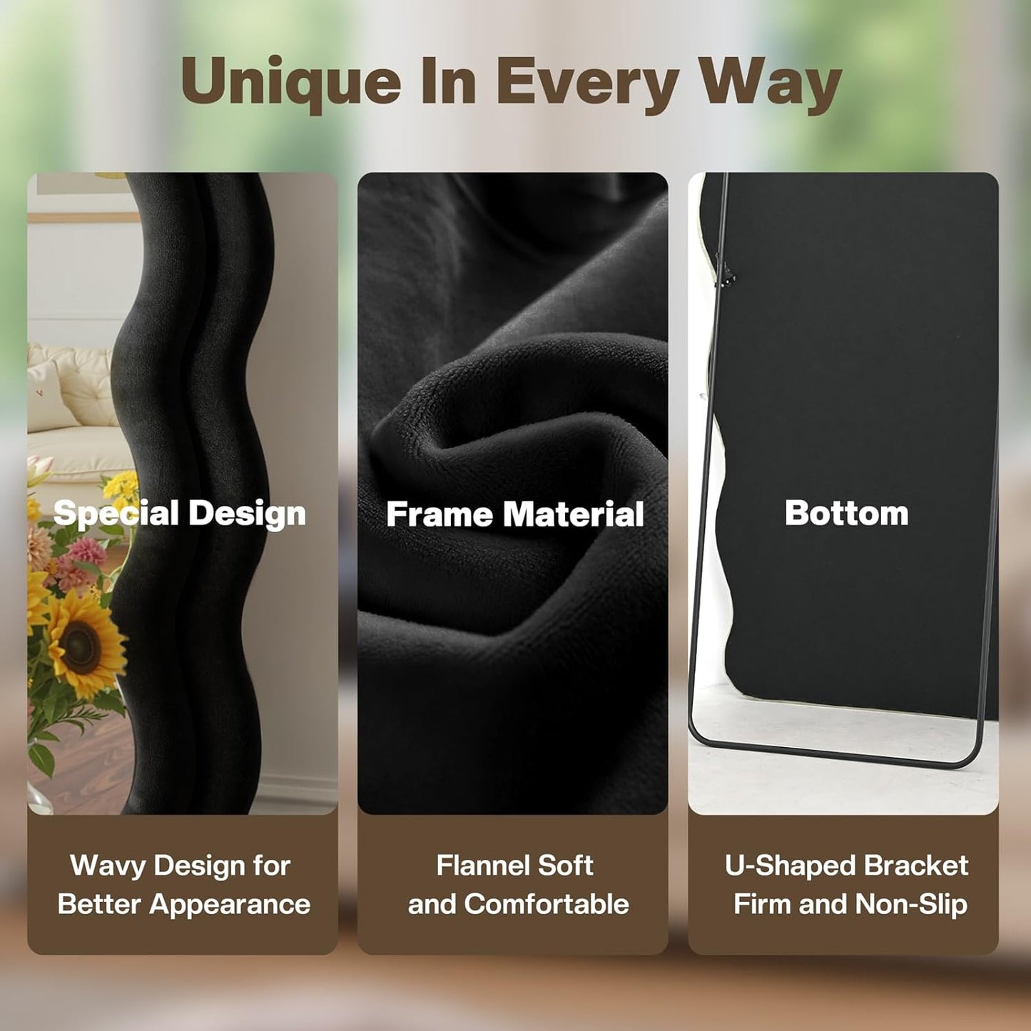 Full Length Mirror 71"x30" Irregular Wavy Full Body Wall Mounted Floor Mirror with Stand Black Flannel Frame Leaning Hanging Wall for Bedroom Entrance Hallway