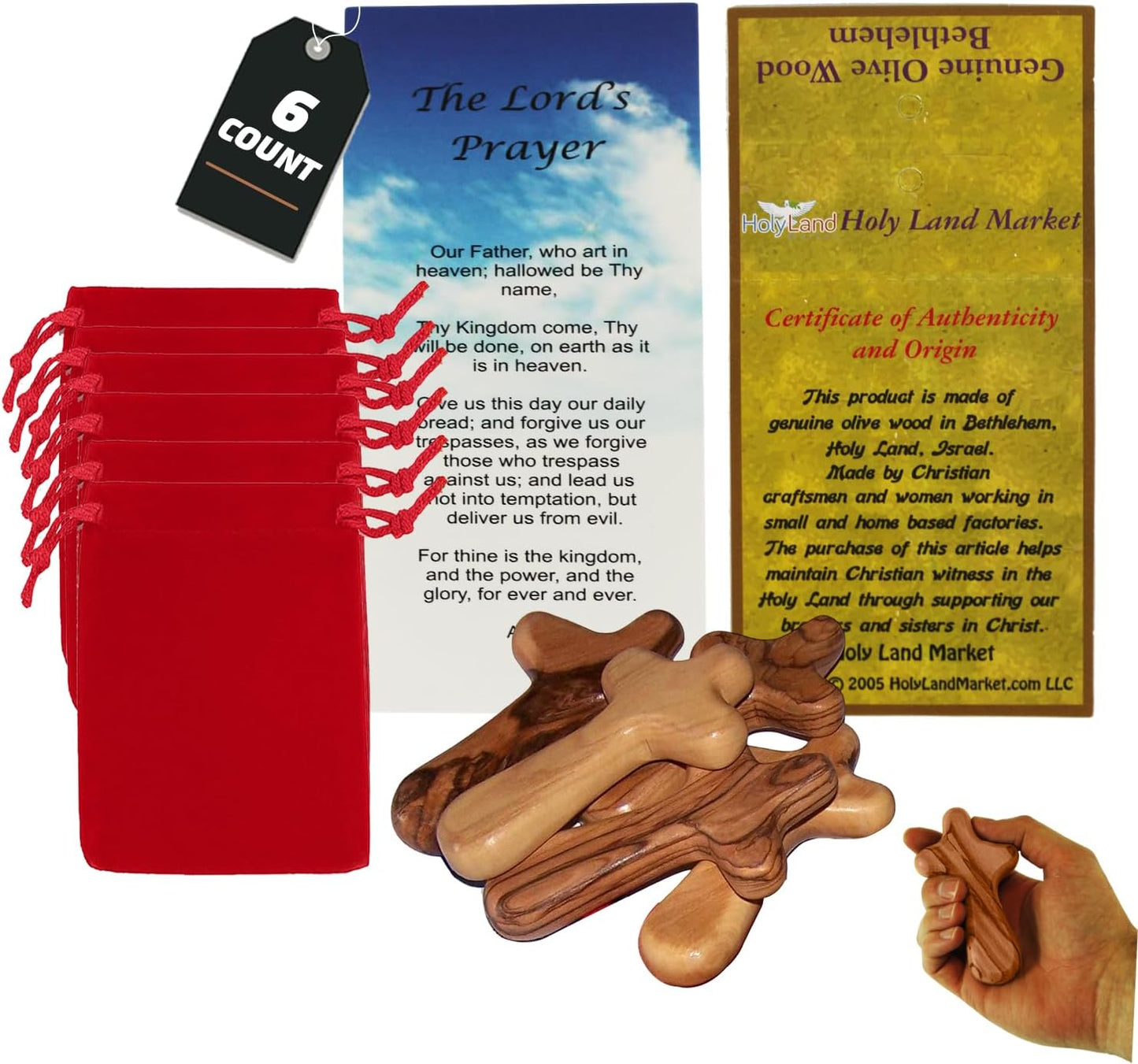 Holy Land Market Palm Sized Olive Wood Comfort Cross with Velvet Bag & Certificates, Holy Land Olive Wood Cross Handmade in Bethlehem, 4 In (6 Pack holy land comfort cross)