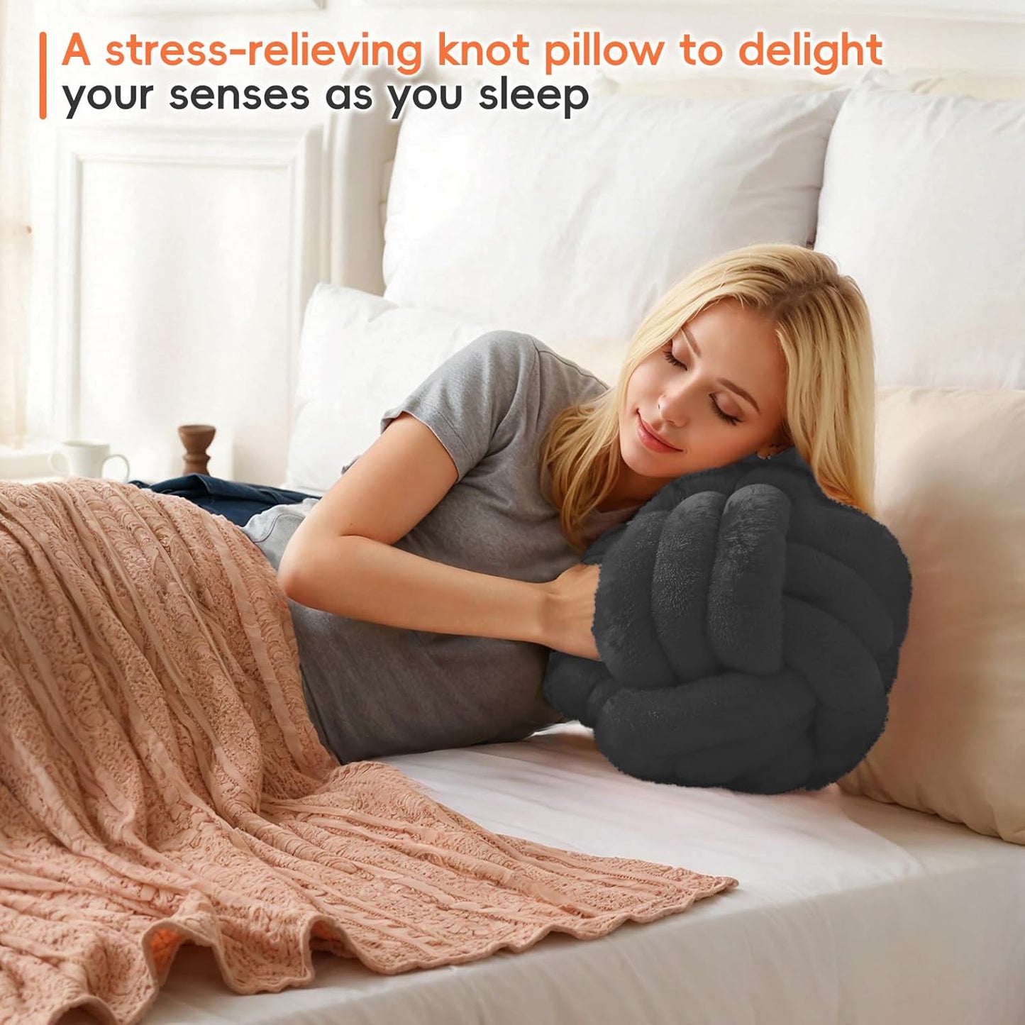 Knot Pillow Ball Plush - Decorative Throw Pillows for Bed Stress Relief, Round Knot Cushion for Sofa Decor Pet Toy, Grey 12 inch