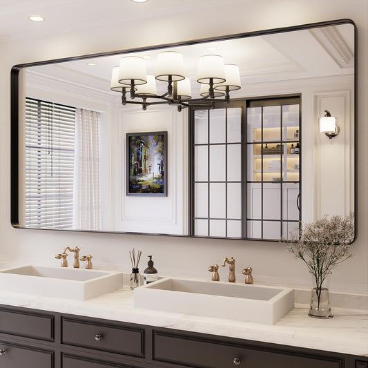 ISKM Black Framed Mirror for Wall 77"x 36", Large Bathroom Mirror Anti-Rust, Tempered Glass, Rounded Rectangle Mirror(Horizontal/Vertical)