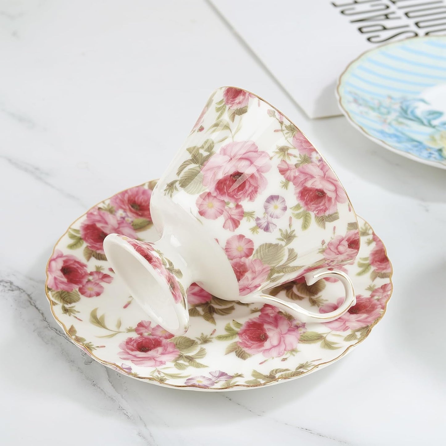 fanquare Rose Tea Cup and Saucer, Vintage Ceramic Tea Cups for Women Gift, Retro Floral Coffee Cup for Cappuccino Black Tea, 5oz