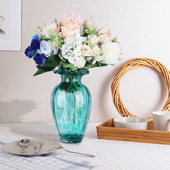 Blown Glass Art Vase - Green, Transparent, Unique, Modern - Wide Mouth for Living Room, Wedding, Dining Table, Office