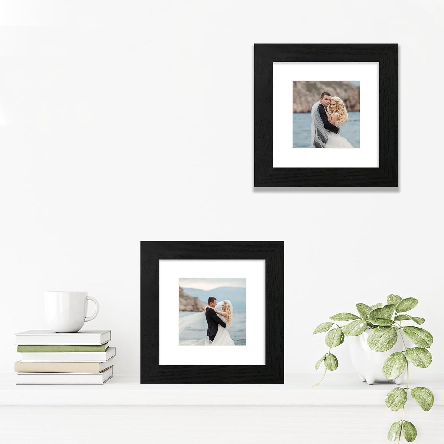 iRahmen 6x6 Picture Frame Set of 4 with High Definition Glass, Black Frames Display 4x4 Picture with Mat or 6 x 6 Without Mat, Square Wood Photo Frame for Wall Mount and Tabletop Display